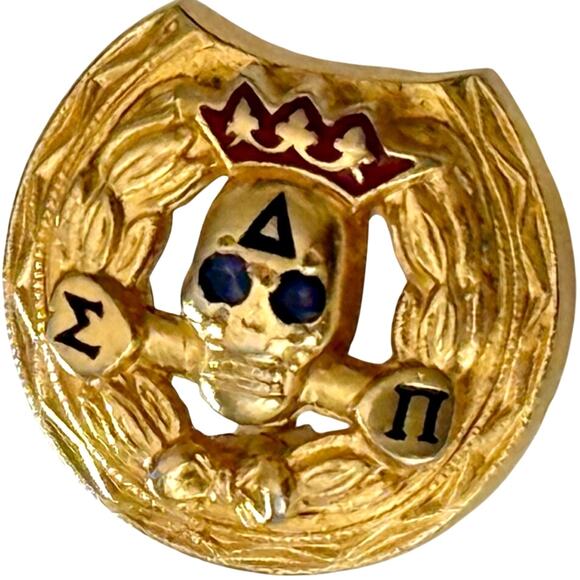 Vintage Delta Sigma Pi Gold Tone Skull Badge Pin w/ Rhinestone Eyes - Lot of 3 - Picture 2 of 10